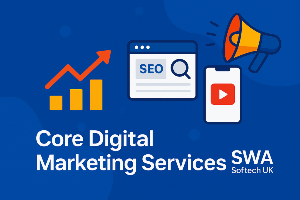 Colorful graphic representing services by one of the Best Digital Marketing Agencies in Reading – SWA Softech UK, with SEO, analytics, video, and promotion icons.