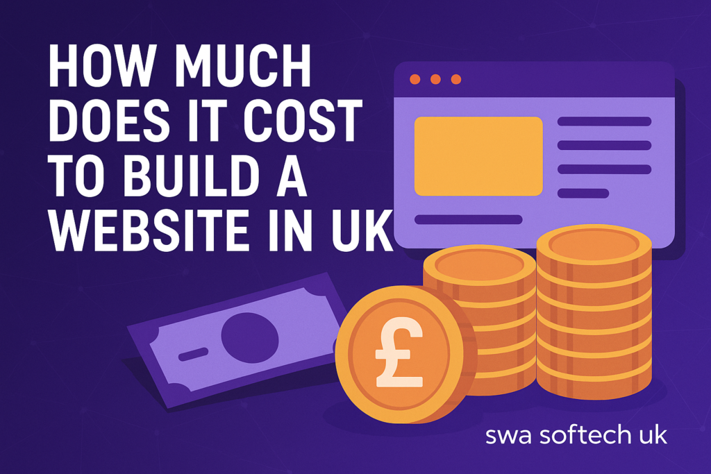 Infographic showing the cost to build a website in UK with pound coins, browser window, and money illustration, branded with SWA Softech UK.