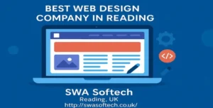 Best web design company in Reading – SWA Softech UK laptop illustration with website layout and coding icons.