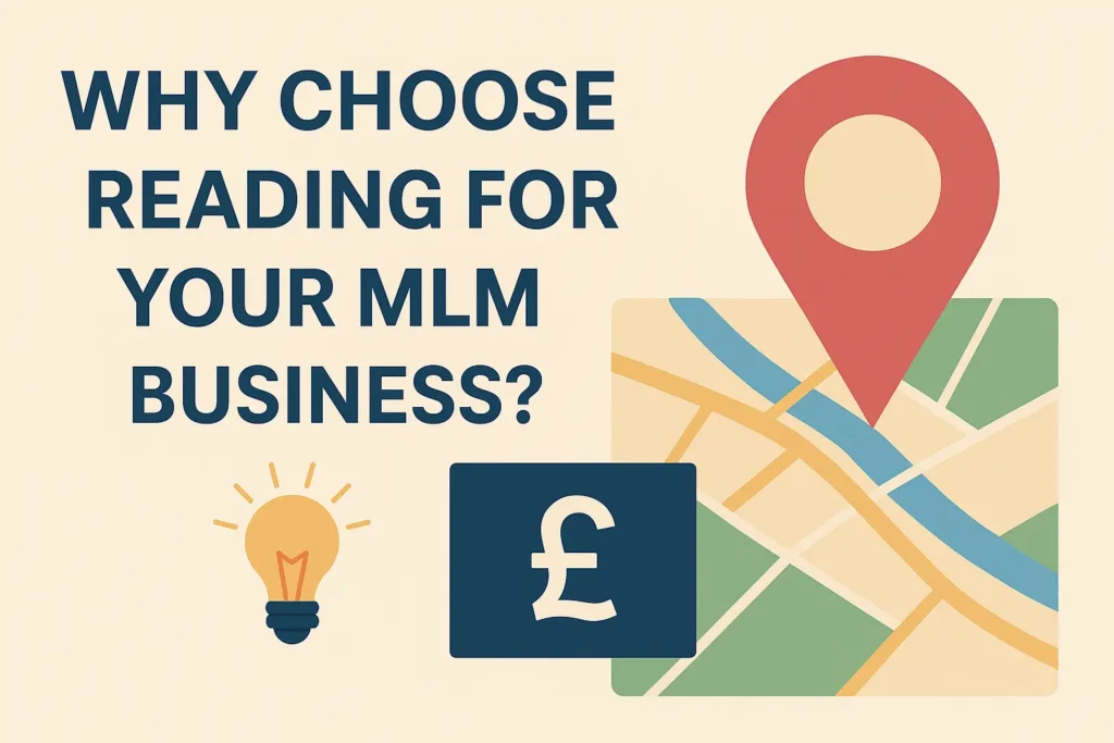 Map with location pin and currency icon representing why Reading is a great place for MLM business - swa softech uk