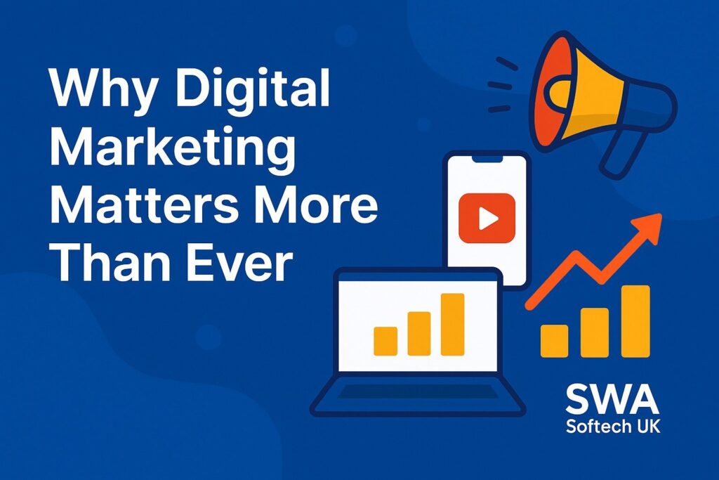 Best Digital Marketing Agencies in Reading – SWA Softech UK visual with marketing icons like charts, megaphone, and mobile.